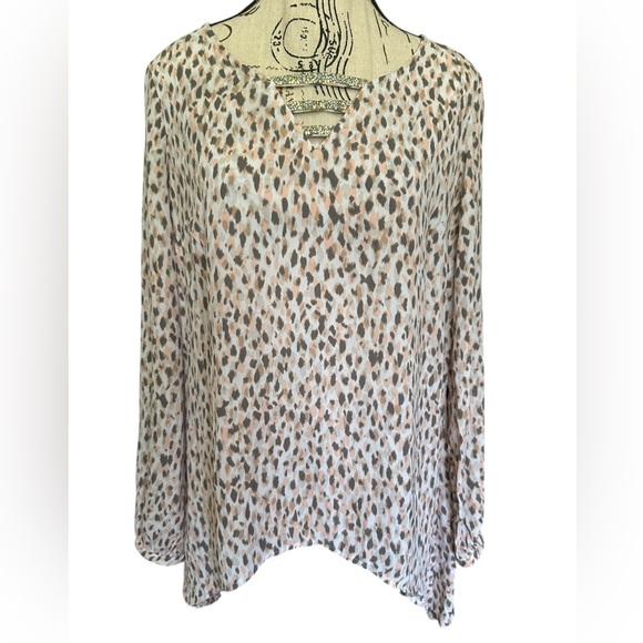 Juicy Couture Watercolor Leopard Print Blouse Sz M Sparkly Ladder V Neck Y2K - Picture 1 of 16